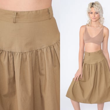 Tan Country Skirt 80s Knee Length Midi Skirt High Waisted Retro Plain Drop Waist Cowgirl Skirt Minimalist Chic Cotton Vintage 1980s Medium M 