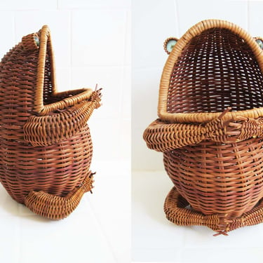 Vintage 70s Brown Wicker Frog Basket with Green Glass Eyes  - Olivier Cajan Rattan Wide Open Mouth Sitting Frog Container - Quirky Cottage 