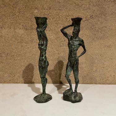 1960s Midcentury Striking Sculpture Bronze Figure Candleholders after Giacometti 