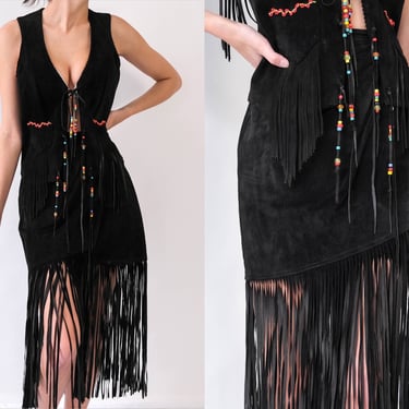 Vintage 80s Melanzona Black Suede Southwestern Vest & Mini Skirt Set w/ Beaded Fringe Design | 100% Genuine Leather | 1980s Designer Set 