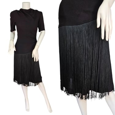 1940's Swing Black Rayon Crepe WWII Fringe Dress I Sz Sm 