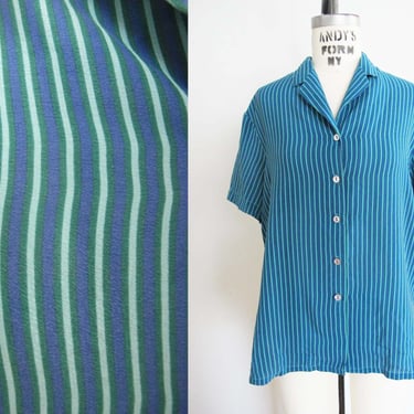Vintage 90s Blue Green Striped Silk Button Up Shirt S M - 1990s Short Sleep Camp Top 