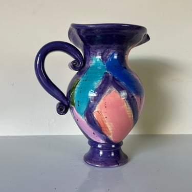 80's Vintage Art Hand Painted Abstract Pattern Decorative Ceramic Pitcher Vase 