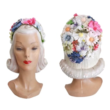 1960s Rainbow Flower Garden Hat - 1960s Garden Hat - Vintage Pink Flower Hat - 1960s Pink Hat - 1960s Flower Hat - 1960s Daisy Hat - 60s Hat 