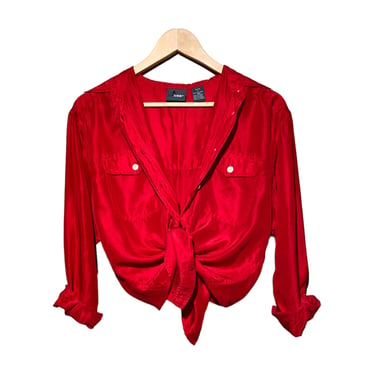 90s Silk Blouse Liz Claiborne Vintage Red Oxford Oversized Pocket Front Preppy Long Sleeve Button Down Collared Shirt Baggy Loose Simple 