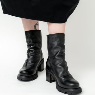 Black Leather Wooden Block Heel Boot