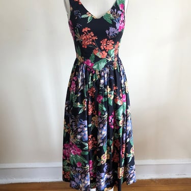 Laura Ashley Sleeveless Black Floral Print Dress - 1980s 