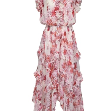 MISA Los Angeles - Cream, Pink, & Orange Floral Print Ruffled Chiffon Dress Sz XL