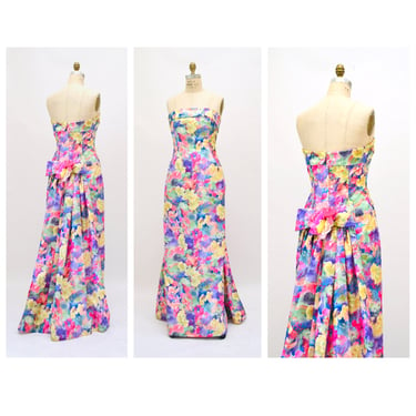 Vintage 80s Evening Gown Dress Floral Print Size Small Medium Victor Costa// 80s 90s Vintage Strapless Gown Dress Floral Print Ball Gown 