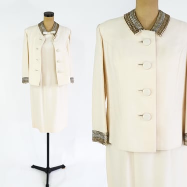 1960s Ivory Dress & Jacket Set | 60s White Cotton Jacket Dress Set | Beaded Collar Dress Set | Medium 