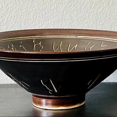 Vintage 10” Ceramic Chinese Character Bowl ware Brown Black Glaze Drip Drop Pattern Display Bowl 