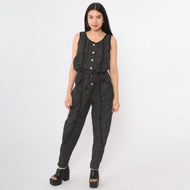 Vintage 80s Black Jumpsuit Confetti Dot Print Button Up Tapered Leg Pants Sleeveless Romper 1980s High Drawstring Waist Small S 