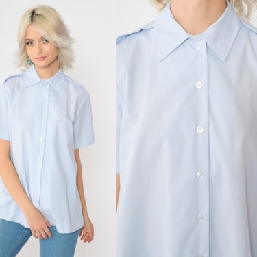 90s Utility Shirt Maternity Uniform Blouse Baby Blue Short Sleeve Button Up Shirt Vintage 1990s Shoulder Epaulette Small 