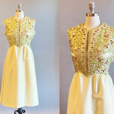 1960s Beaded Cocktail Dress / 1960s Party Dress / 1960s Silk Shantung Dress /  Size Large 