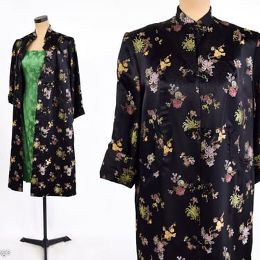 1950s Black Silk Asian Coat | 50s Black Floral Asian Coat | Peony | Medium 