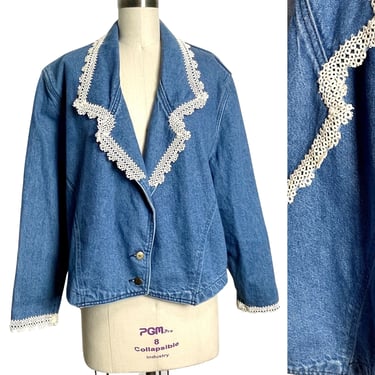 Vintage cropped denim jacket with lace trim - size large 