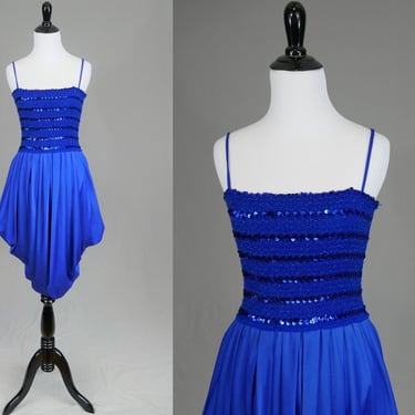 70s Disco Dress - Blue Sequins Stretch Bodice - Unusual Full Skirt - Diamond's Run - Vintage 1970s - S 