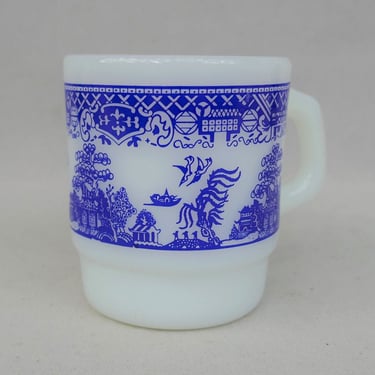 Vintage Fire King Coffee Mug - Anchor Hocking Milk Glass - White Blue Willow Asian Inspired Print - Vintage Cup 