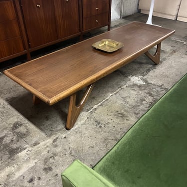 Mid Century refinished walnut sculptural leg coffee table 