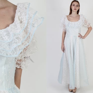 70s Country Wedding Dress, All Over Tiny Hearts Print, Pale Blue Saloon Gown, Historical Period Maxi Dress 