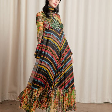 SCOTT BARRIE 70s Multicolor Chevron and Floral Chiffon Dress