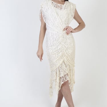 80s Deco Wedding Dress, Sheer Wrap Bodice, Victorian Flapper Style, Floral Asymmetrical Skirt 