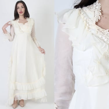 Trumpet Sleeve Wedding Day Gown, Vintage 70s Hi Lo Fishtail Hem Maxi Dress, Elegant Full Skirt Ruffle Bustle Skirt 