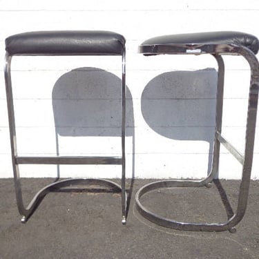 Set of 2 Bar Stools Chrome Black Milo Baughman Mid Century Modern Seating Dining Chairs Counter Cantilevered Vintage Hollywood Regency Boho 