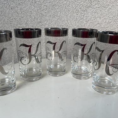 Vintage MCM set 5 Vitreon Queens Lusterware classic barware tall tumbler glasses silver mercury monogrammed letter “K” 