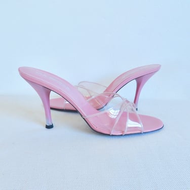 Vintage 1950's Style Size 9 Italian Pink and Clear High Heel Stiletto Mules Sexy Pin Up Rockabilly Spring Summer Made in Italy Via Spiga 