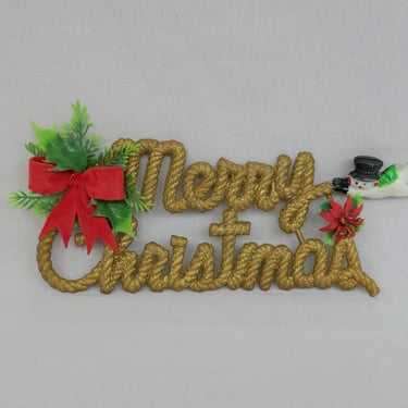 Vintage Merry Christmas Sign - Flexible Vinyl Plastic - Glittery Gold w/ Red Bow and Flying Snowman 