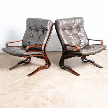 Mid Century Danish Modern Lounge Chairs Brown Leather Bentwood Set Pair Vintage