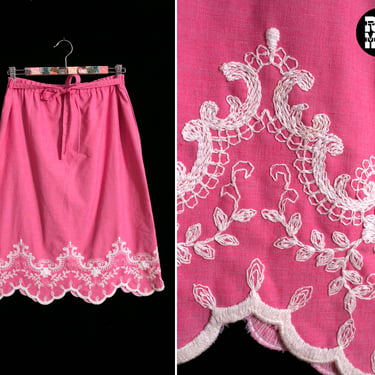 So Pretty Vintage 70s Pink A-Line Skirt with White Intricate Embroidery Scalloped Edge 