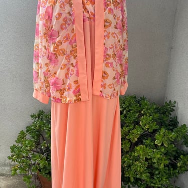 Vintage polyester maxi dress with chiffon jacket apricot orange pink floral Sz 24.5 