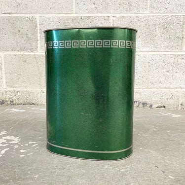 Vintage Wastebasket Retro 1970s Cheinco + Mid Century Modern + Tin + Oval Shape + Emerald Green + Greek Design + Garbage Bin + Trash Can 