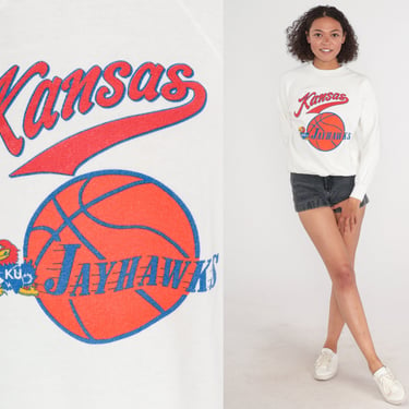 Jayhawks Basketball Sweatshirt 80s University of Kansas Sweatshirt NCAA Graphic College Sweater KU Raglan Sleeve White Vintage 1980s Small S 
