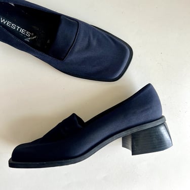 Vintage 90s Blue Square Toe Stretchy Slip on Chunky Heeled Loafers 