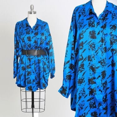 Vintage 80s abstract blue silk oversized blouse | deadstock silk blouse 