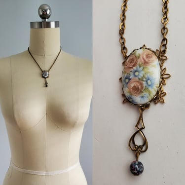 Vintage Porcelain Floral Neclace with Filigree and Art Glass Bead Pendant - Vintage Jewelry - Vintage Jewelry 