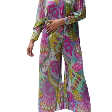 1970S Multicolor Peacock Print  Jumpsuit 