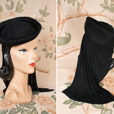 1940s Hat - Dramatic 1940s Tilt Hat with Turned up Brim and Jersey Drape or Snood. 