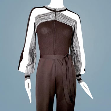 1970s disco era jumpsuit one piece 2 toned space dyed brown white dolman sleeves zipper front belted Studio 54 (S) 