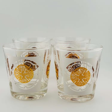 Anchor Hocking Gold and White Medallion Whiskey Glasses 