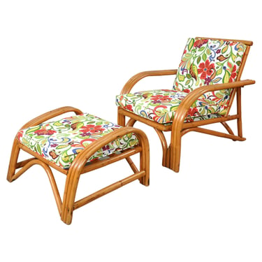 Mid-Century Rattan Lounge Chair and Ottoman with Josef Frank Style Fabric Indoor/Outdoor 