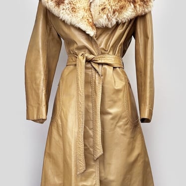 70's LEATHER Sheep Fur Collar Coat Overcoat 1970's Hippie 1960's Brown Tan Vintage 