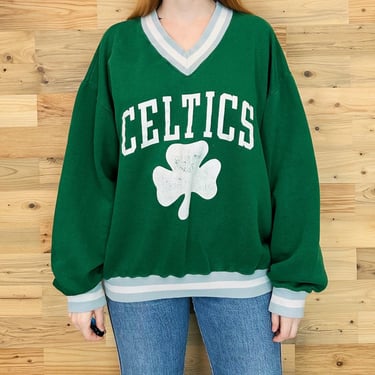 70's Boston Celtics NBA Basketball Vintage V-Neck Pullover Sweatshirt Top 