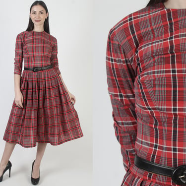 50s Rockabilly Plaid Dress, Metal Side Zipper, Full Circle Skirt, Red White Atomic Print 