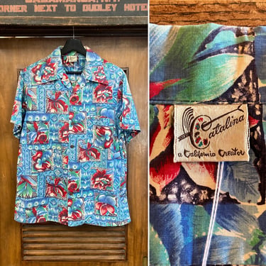Vintage 1950’s “Catalina” Atomic Floral Cotton Tiki Hawaiian Rockabilly Shirt, 50’s Loop Collar, Vintage Clothing 
