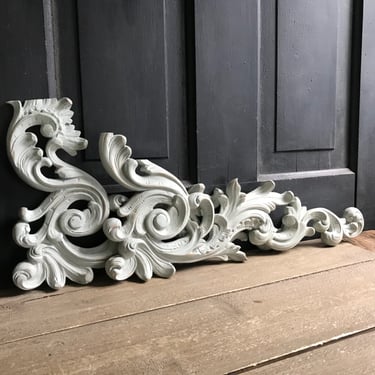 Pair French Pediments, Architectural Carved Wood Plaques, Scroll Design, Faded Gray Paint, Armoire, Furniture, Wall Mount, Chateau Decor 