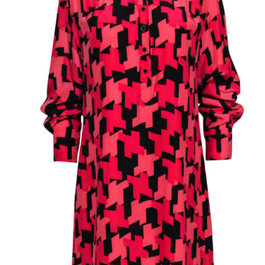 Britt Ryan - Pink & Black Herringbone Print Button-Front Shift Dress Sz L